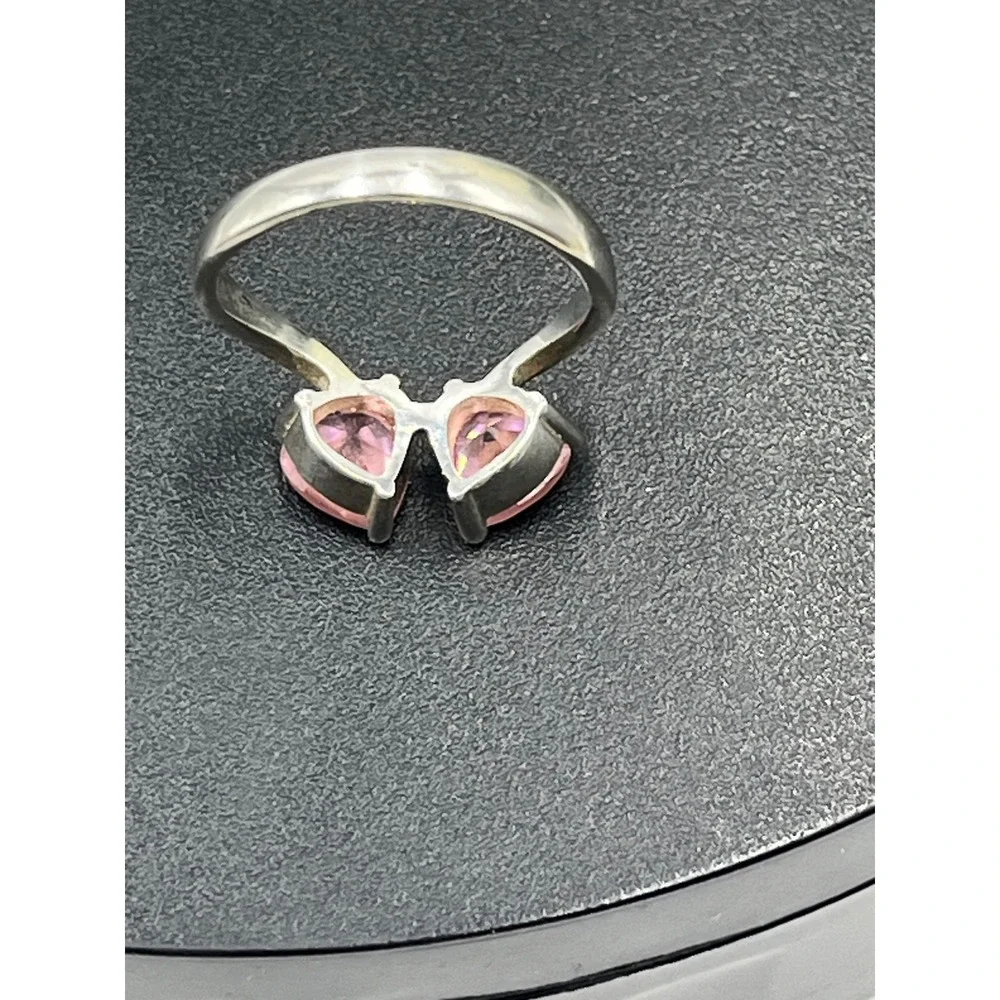 Sterling‎ Silver 925 Double Heart Pink Ice Gemstone Faux Bypass Ring Sz 8.25
